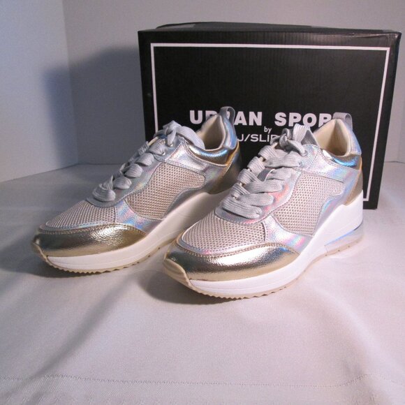 J Slides Shoes - Urban Sport BEBE Gold & Mesh Wedge Sneakers Size 7 NWT